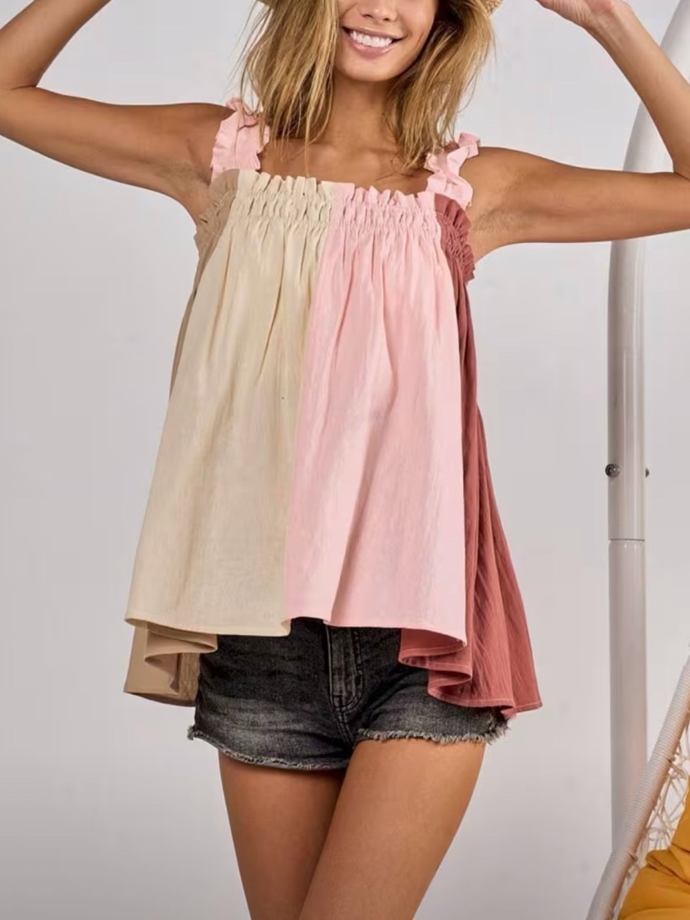 BiBi Pink, Cream & Brown Colorblock Ruffle-Strap Tank